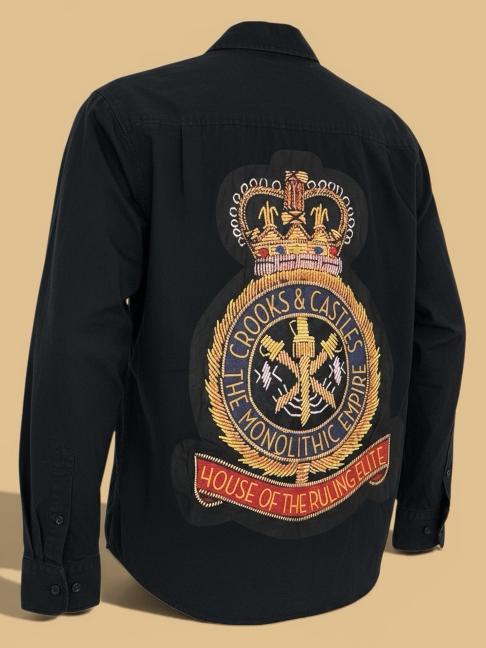 Crooks & Castles Black Shirt Jacket with Gold and Red Embroidered Crest